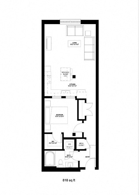 Floor plan for 1 bed, 1 bath, 818 sqft